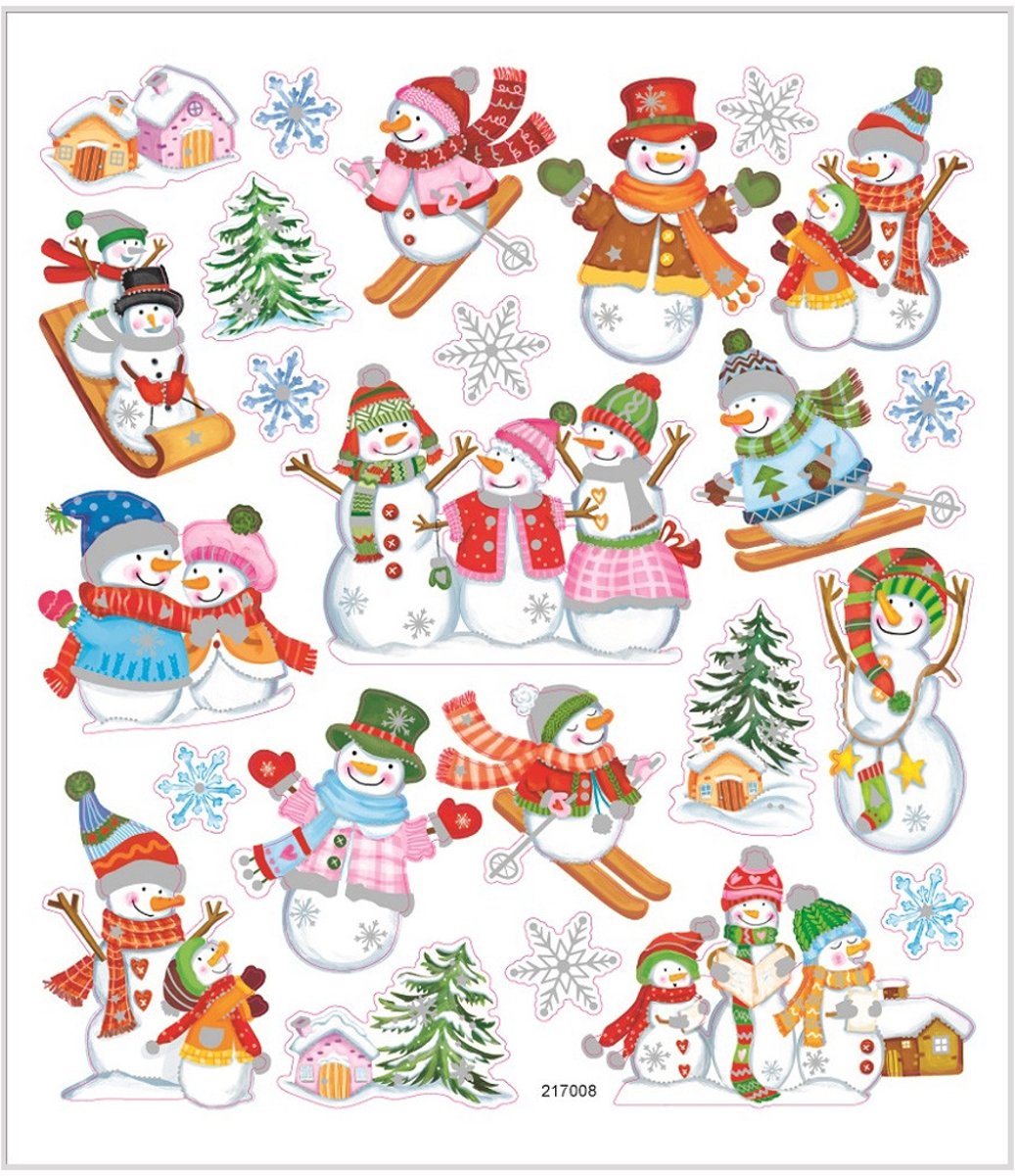 Stickers, vel 15x16,5 cm, circa 24 stuk, skieende sneeuwpoppen, 1vel [HOB-29184]